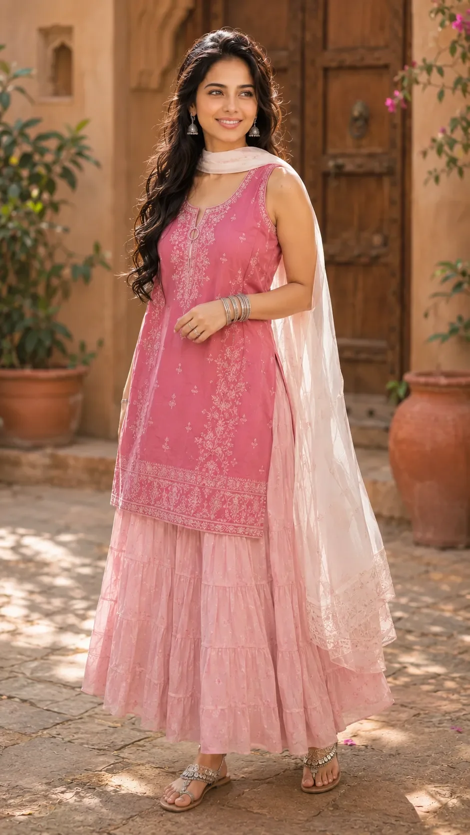 Prompt for traditional look for girl in pink dress