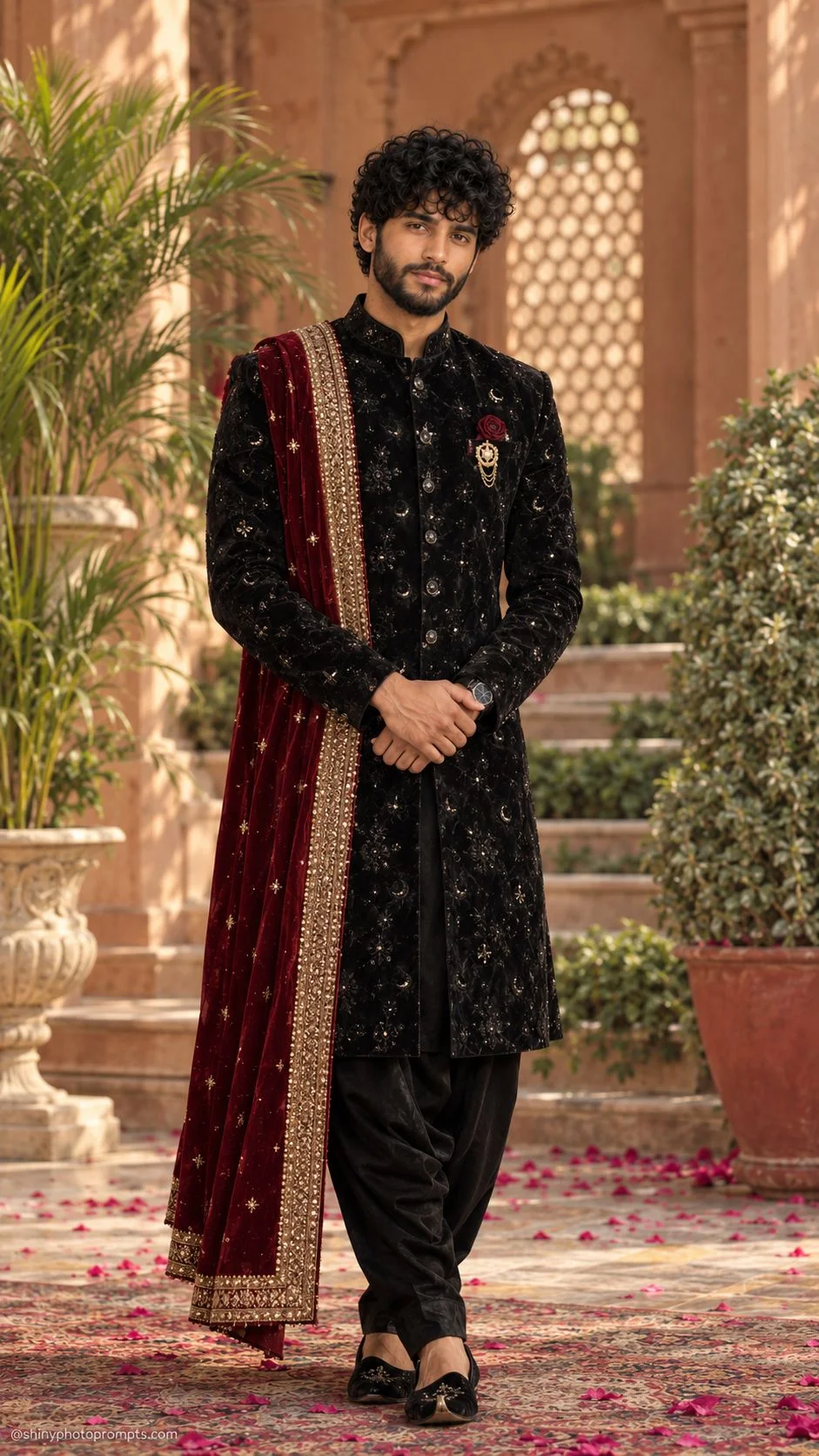 Black Velvet Sherwani Wedding Photoshoot AI Prompt