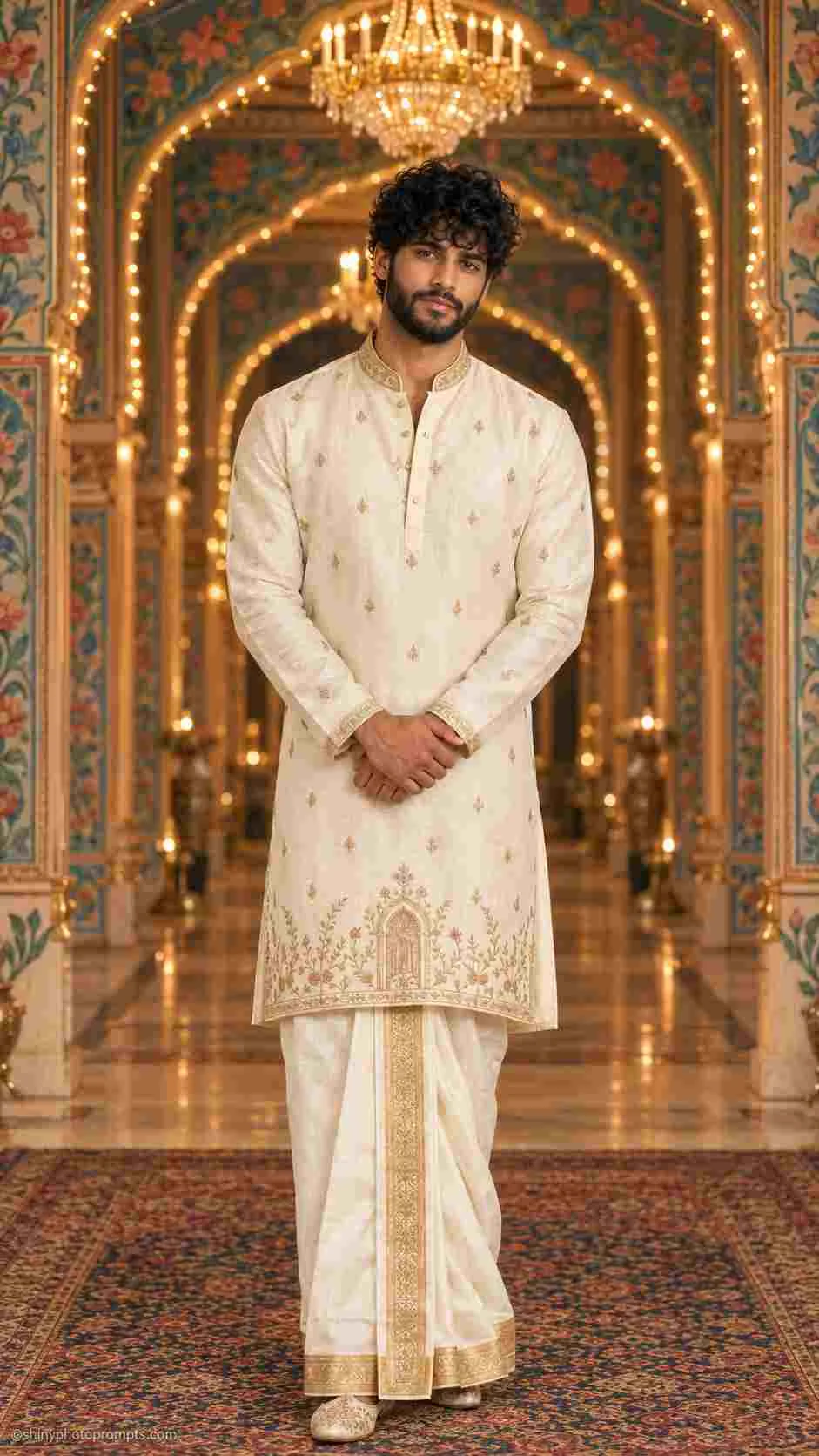 Cream silk kurta dhoti AI photo prompt in royal palace corridor