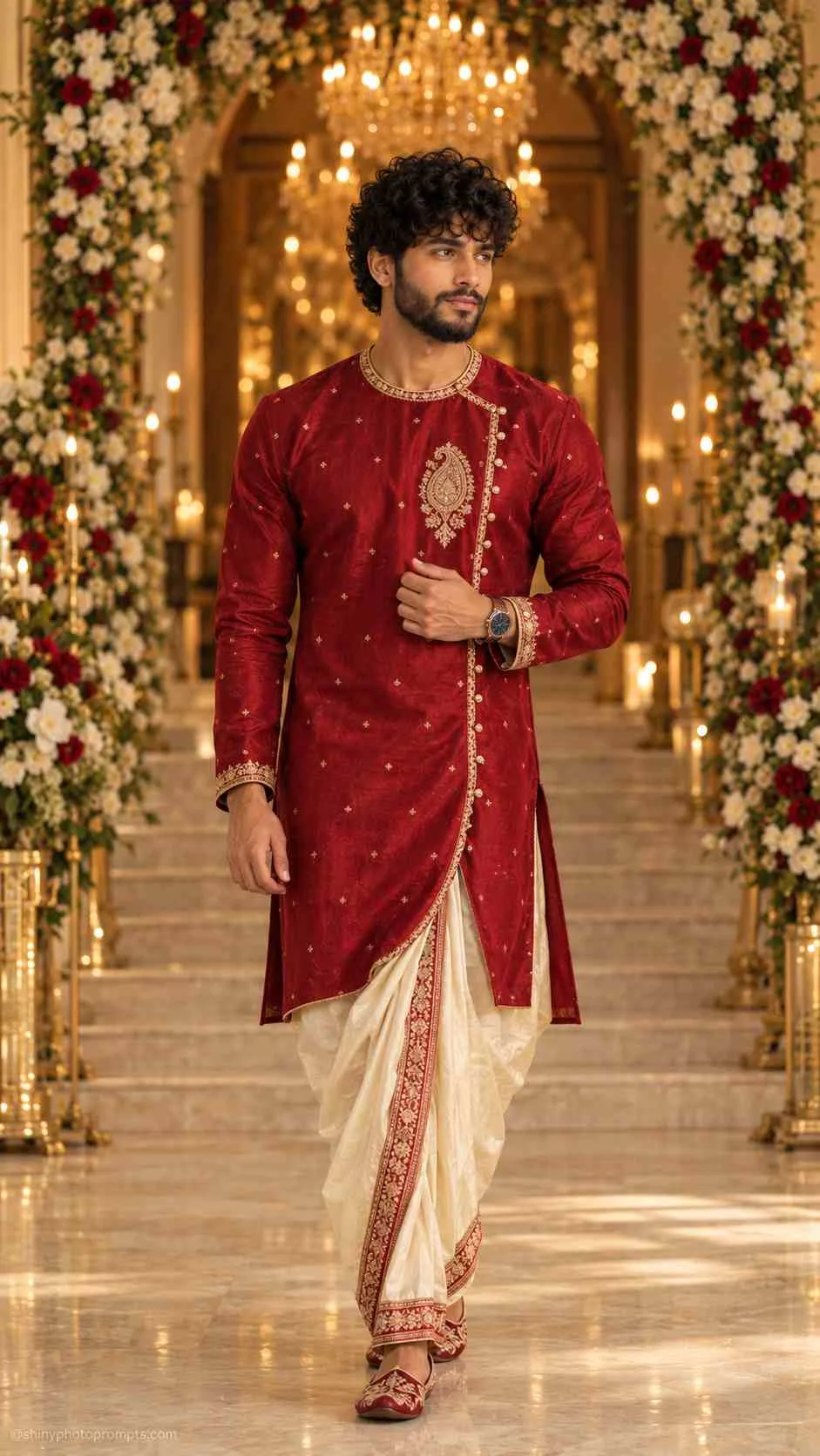 Groom in red Bengali panjabi and pleated dhoti, royal wedding AI prompt