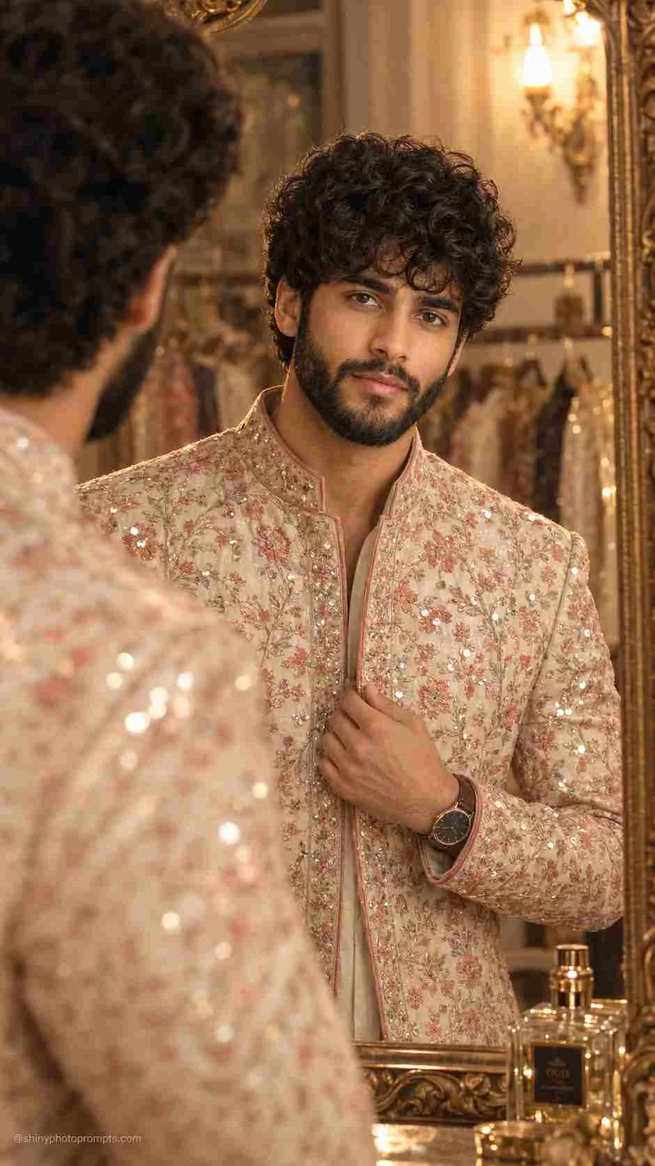 Ivory embroidered sherwani groom AI photo prompt with mirror reflection