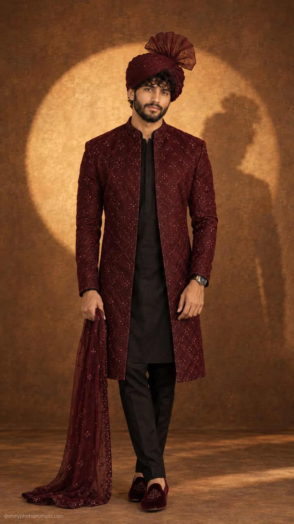 Moonlit spotlight studio portrait chatgpt prompt burgundy sherwani with maroon safa