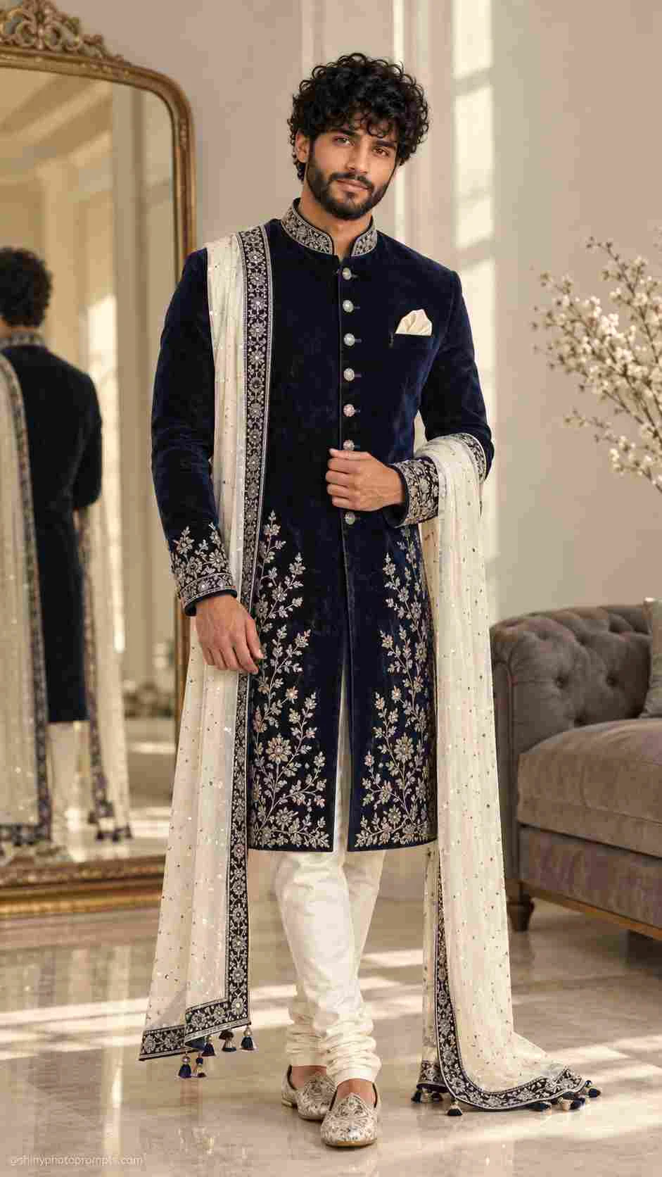 Navy velvet sherwani AI photo prompt for groom with ivory dupatta