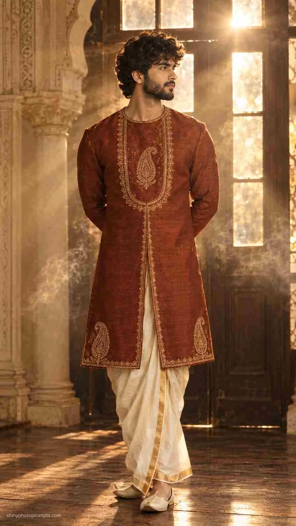 Rust brown sherwani AI photo prompt for men with golden backlight